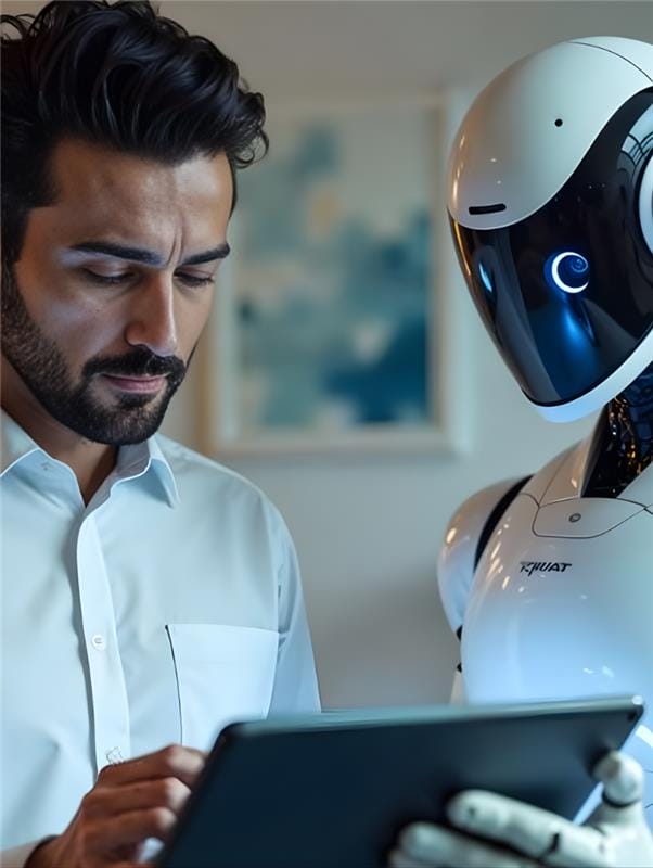 Business professional working with AI robot.